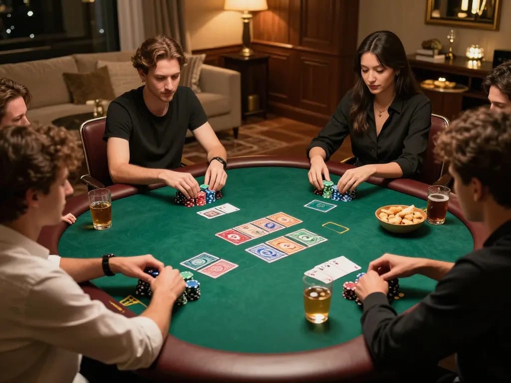 Players enjoying a thrilling poker game at home, highlighting vaobet strategies in a cozy and competitive atmosphere.