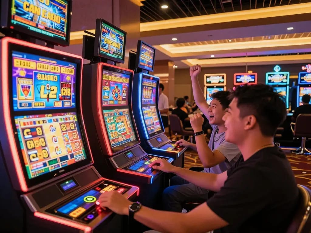 Engaging players celebrating wins at vibrant slot machines in the jus77 casino environment.