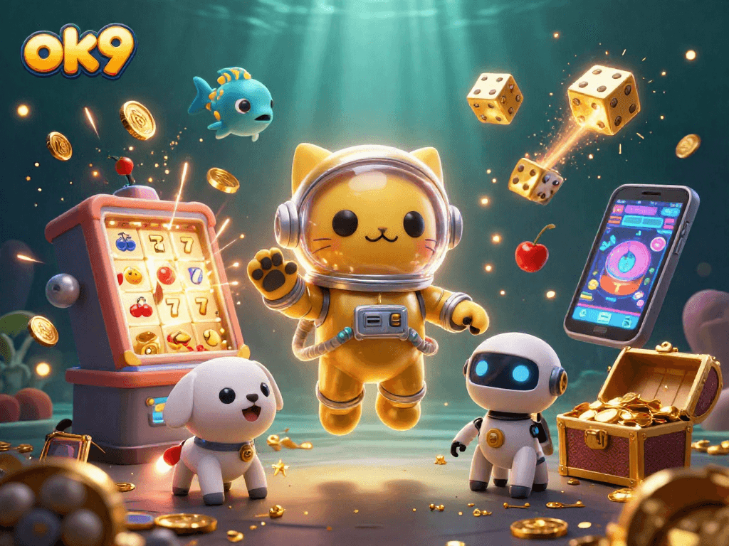Experience thrilling gaming with ok9's vibrant 3D casino illustration featuring wins and luck!
