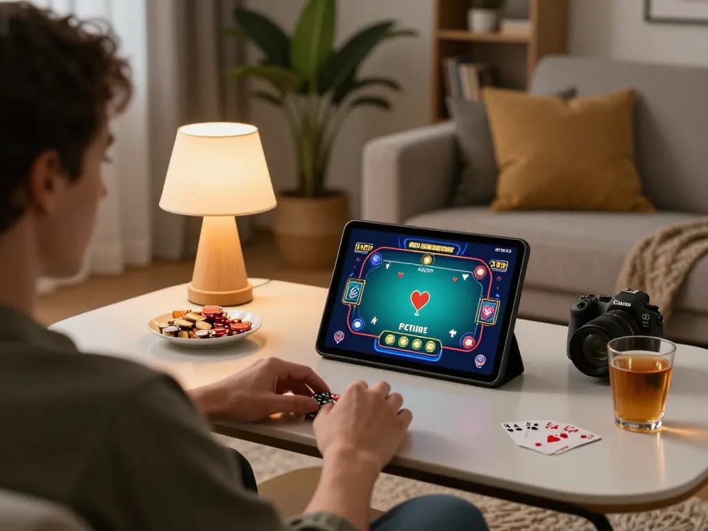Engaged player using lc88pro for online poker strategy in a cozy home setting