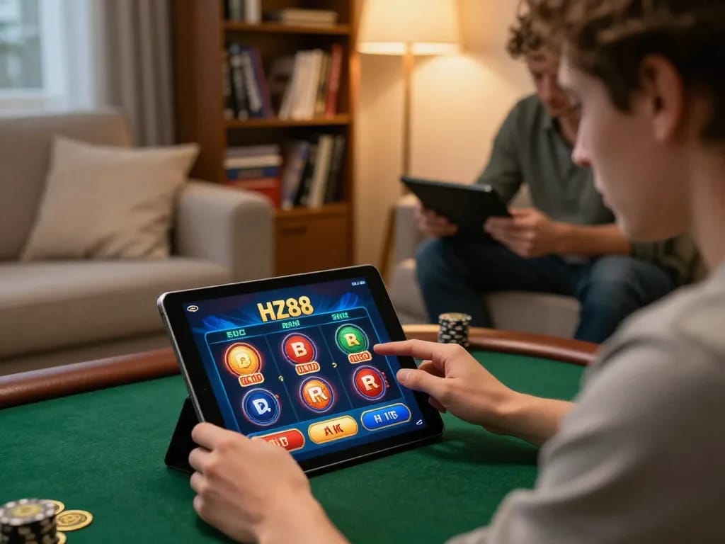 Person playing HZ88 on a tablet, enjoying a cozy home gaming atmosphere, focused on winning strategies.