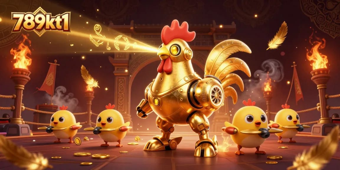 Bet on winning strategies with 789kt1 in a vibrant casino scene featuring golden rooster robot and baby chick drones.