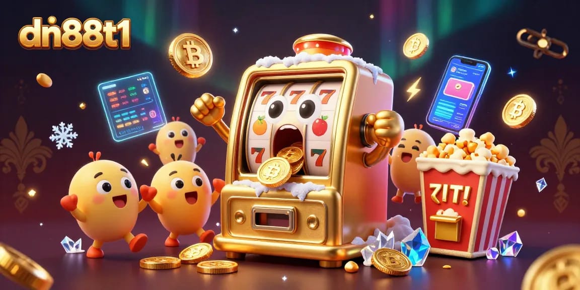 Score big with dn88t1 in a vibrant casino scene featuring a joyful slot machine