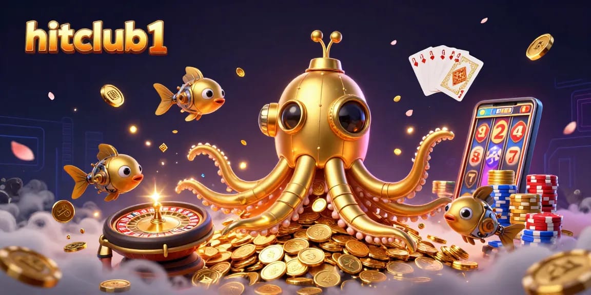 Hitclub1 offers thrilling gambling with a golden kraken submarine and cascading coins in vibrant 3D.