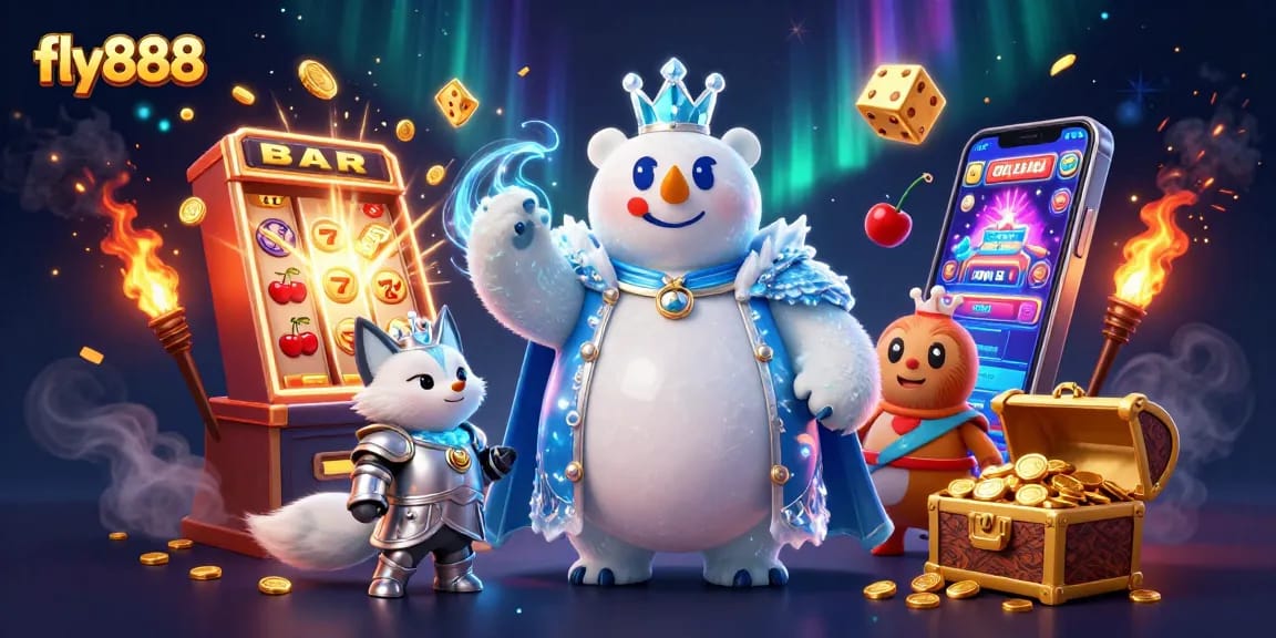 Win big with fly888, featuring a cartoon ice king polar bear and casino games.