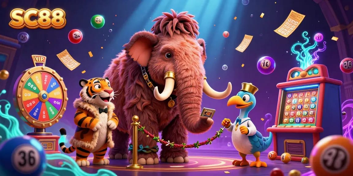 Experience the vibrant SC88 casino with a woolly mammoth bouncer, animated game elements, and enchanting atmosphere.