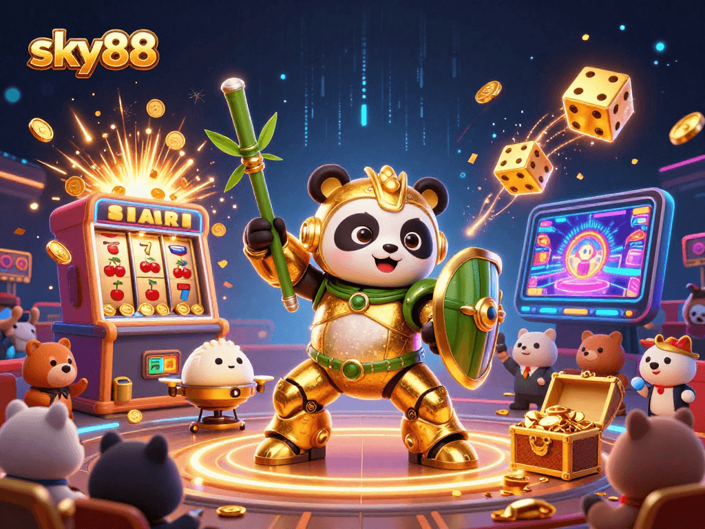 Experience thrilling gaming with sky88 featuring a golden panda in a mech-suit amidst dynamic casino elements.