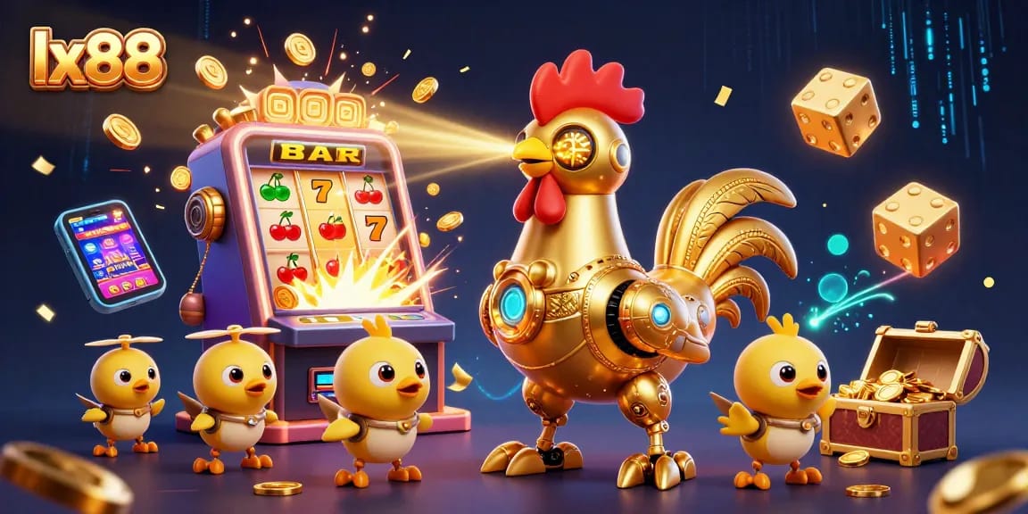 Experience thrilling gameplay at lx88 with a dynamic scene of a golden rooster robot and vibrant casino games.