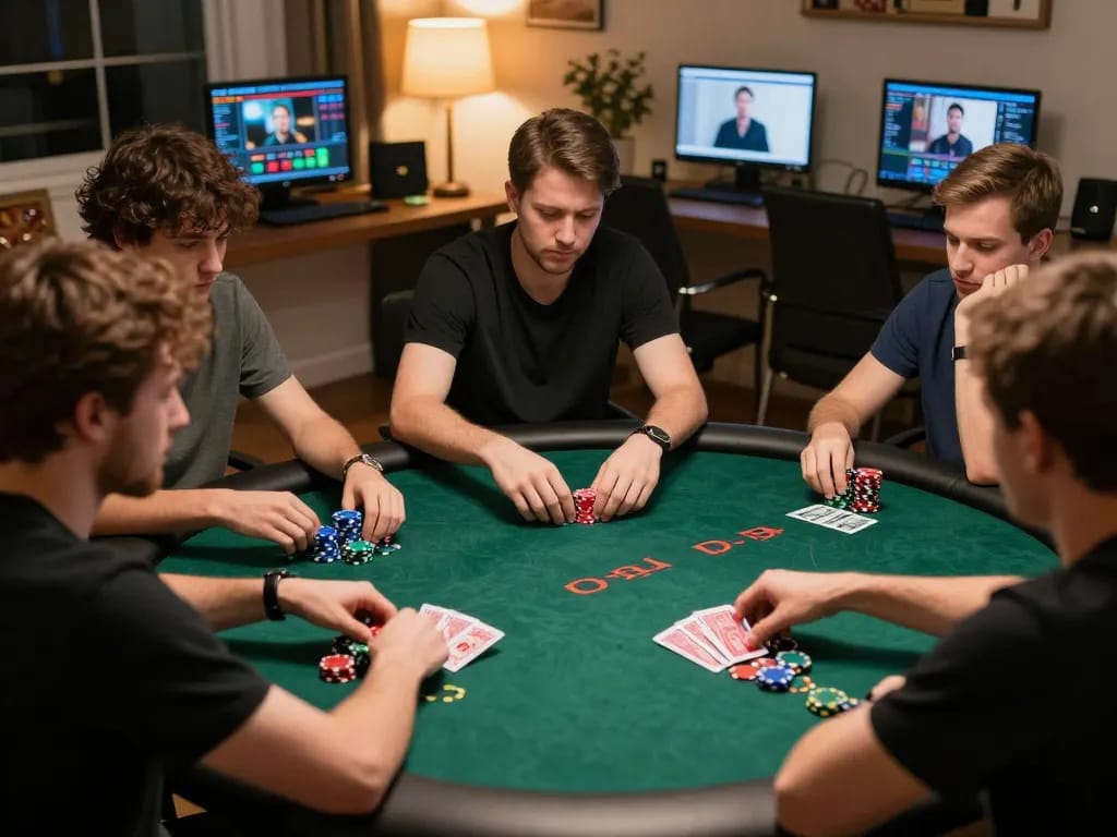 Sky88 players enjoying a thrilling online poker game, showcasing strategies and camaraderie