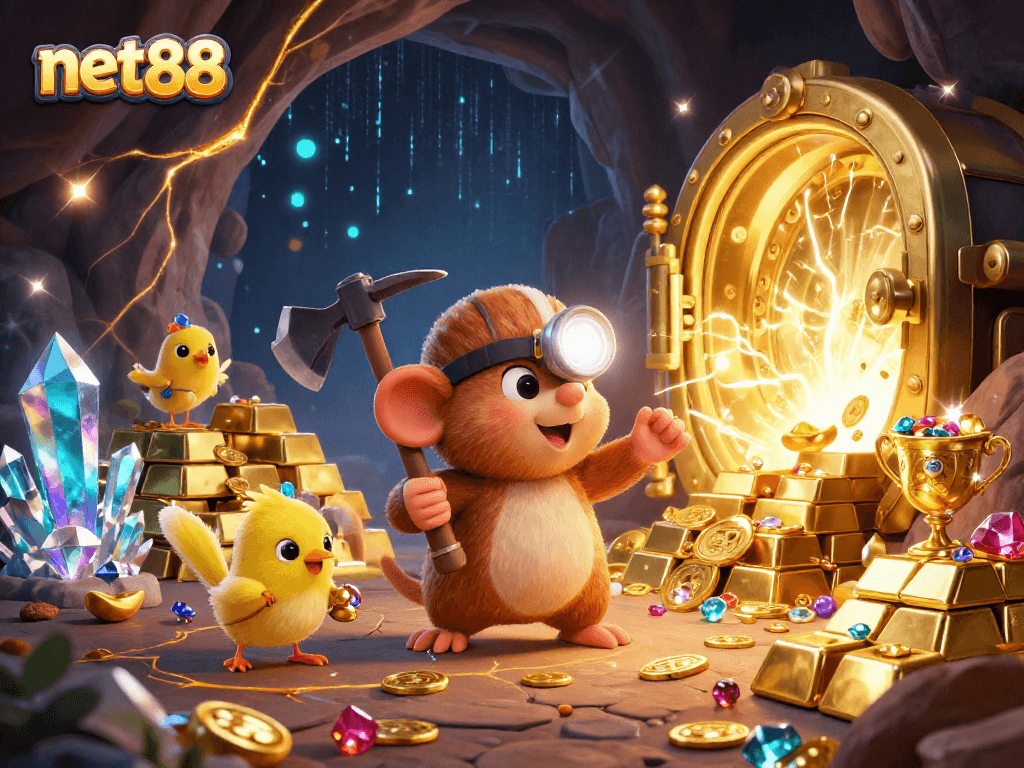 Engage with net88's dynamic treasure-themed casino scene featuring animated mining characters.