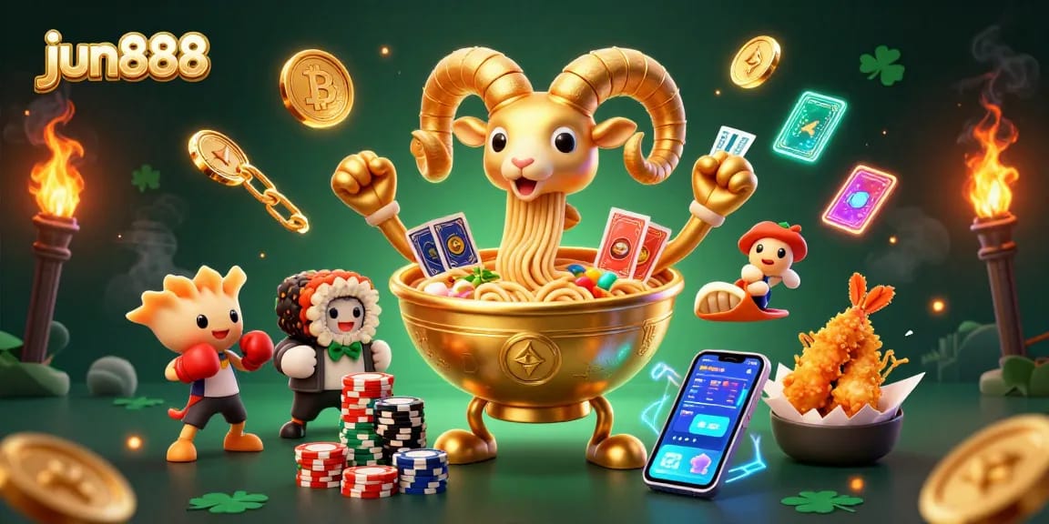 Experience the thrill of jun888 casino with a vibrant illustration of characters playing in a lively gaming atmosphere.