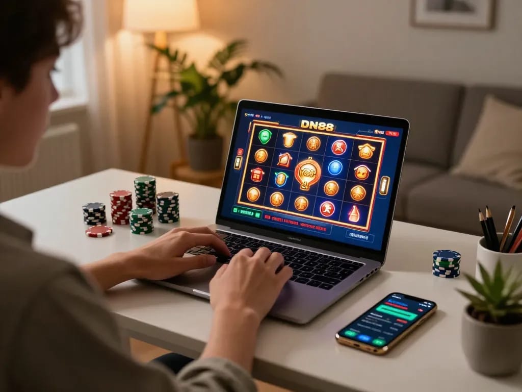Engaging with DN88 online gaming through laptop and colorful slots interface, showcasing safe gambling.