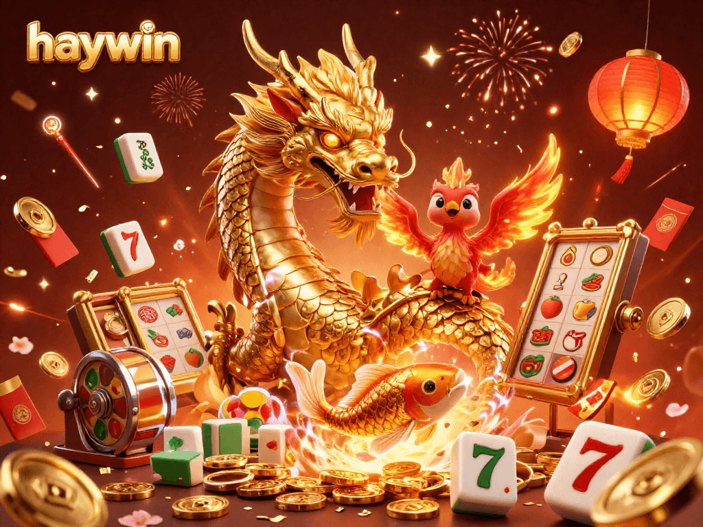 Experience excitement and luck with haywin's dynamic casino world, featuring a dragon and phoenix.
