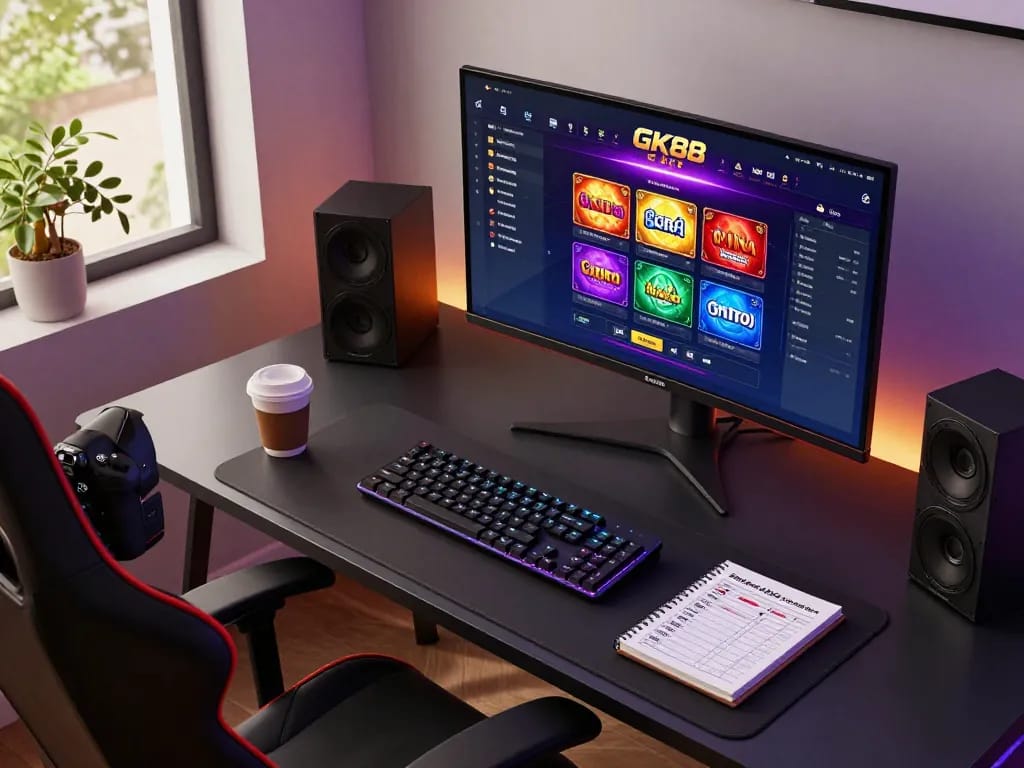Person engaging with the GK88 online casino platform, demonstrating interactive gameplay and strategy planning in a cozy gaming environment