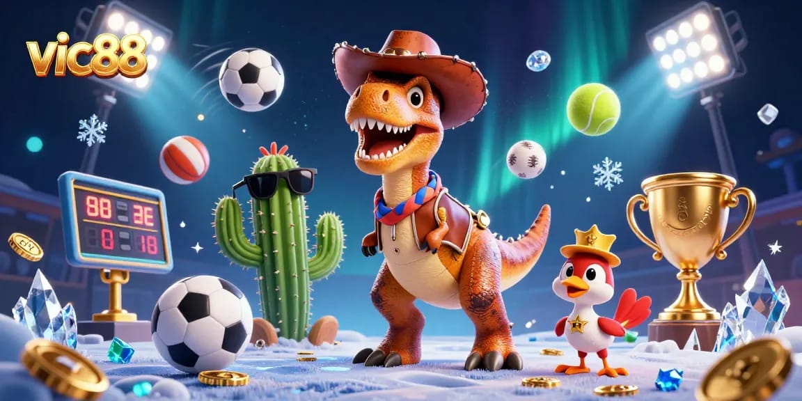 Bet on vic88 with a vibrant 3D cartoon scene showcasing casino excitement and sports energy.