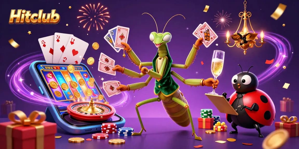 Hitclub showcases a vibrant casino scene with a 3D praying mantis card sharp and exciting game visuals.