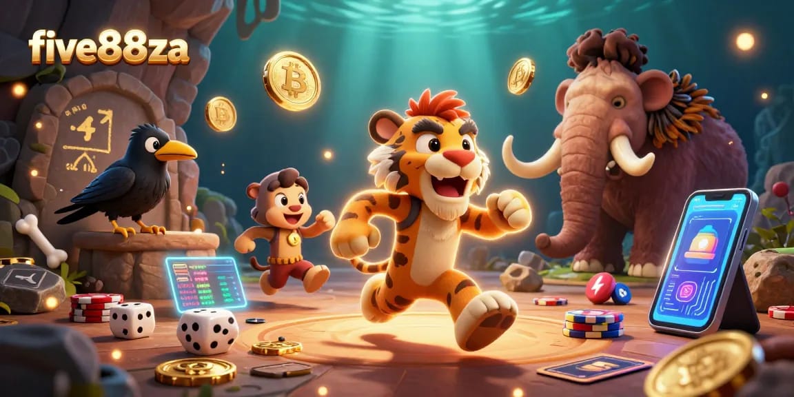 Engage in five88za's prehistoric casino adventure with vibrant characters and neon crypto elements.