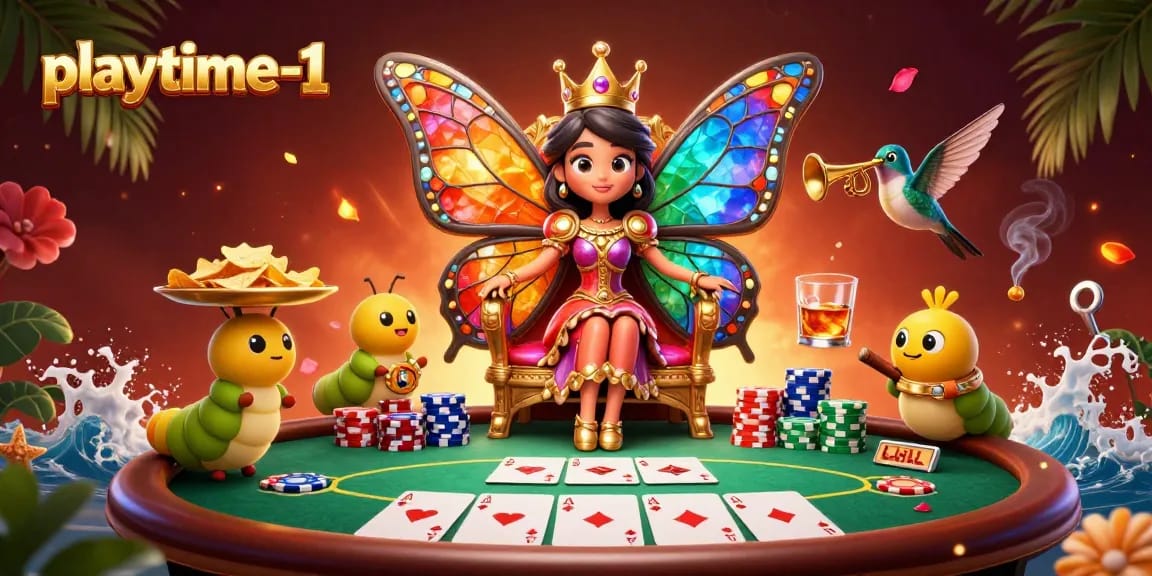 Join the excitement at playtime-1, featuring a vibrant casino scene with iconic poker elements and enchanting characters.