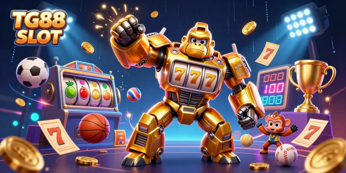 Play exciting games with TG88 SLOT featuring a golden gorilla mech and dynamic sports elements.