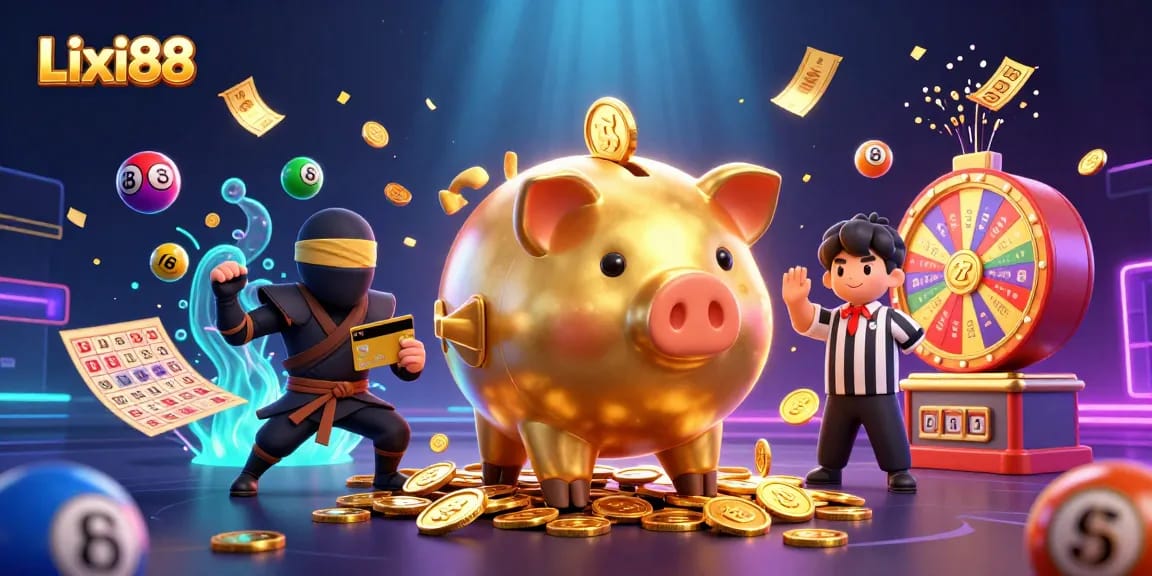 Lixi88 features a dynamic gaming scene with vivid lottery elements, showcasing an exhilarating atmosphere of online betting.