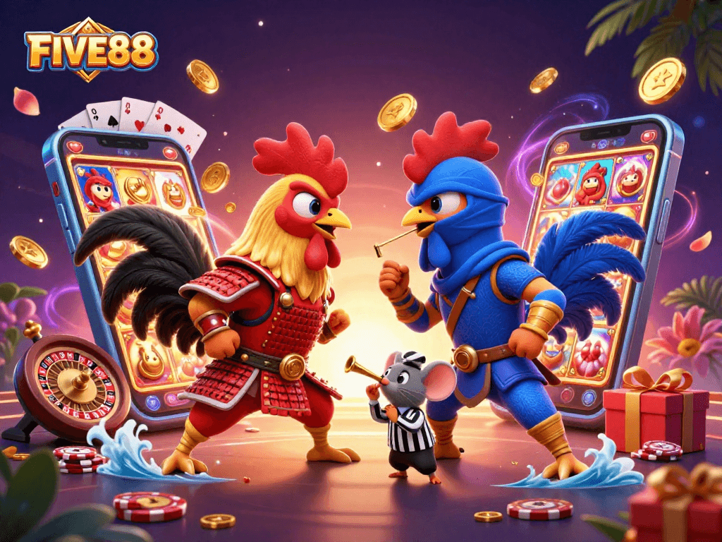 FIVE88 captures the intensity of cartoon roosters in a casino-themed showdown, amidst vibrant game elements.
