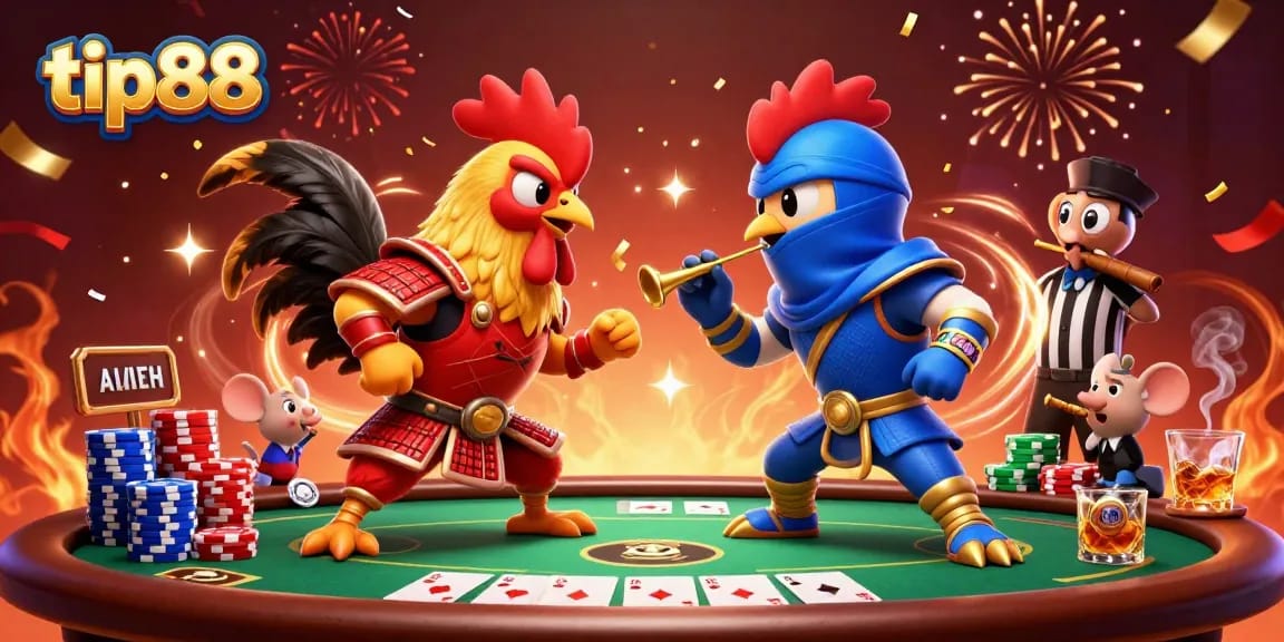 Engage in thrilling action at tip88 with fighting roosters and poker tables amidst vibrant casino elements.