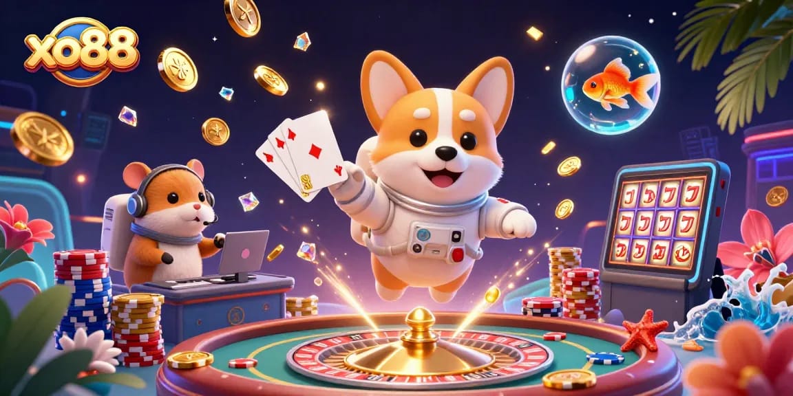 Experience thrilling gameplay at xo88 with floating casino elements and cartoon characters.