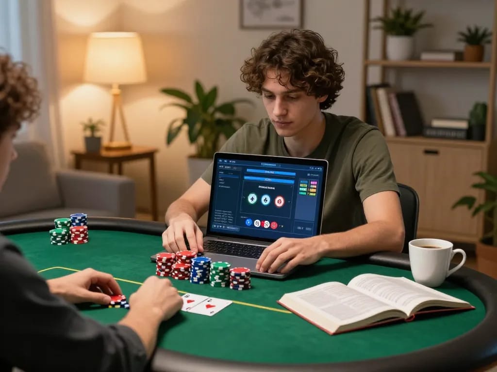 Người chơi tham gia poker trực tuyến với ứng dụng KO66 trên laptop, trưng bày ghi chú chiến lược và chip poker.