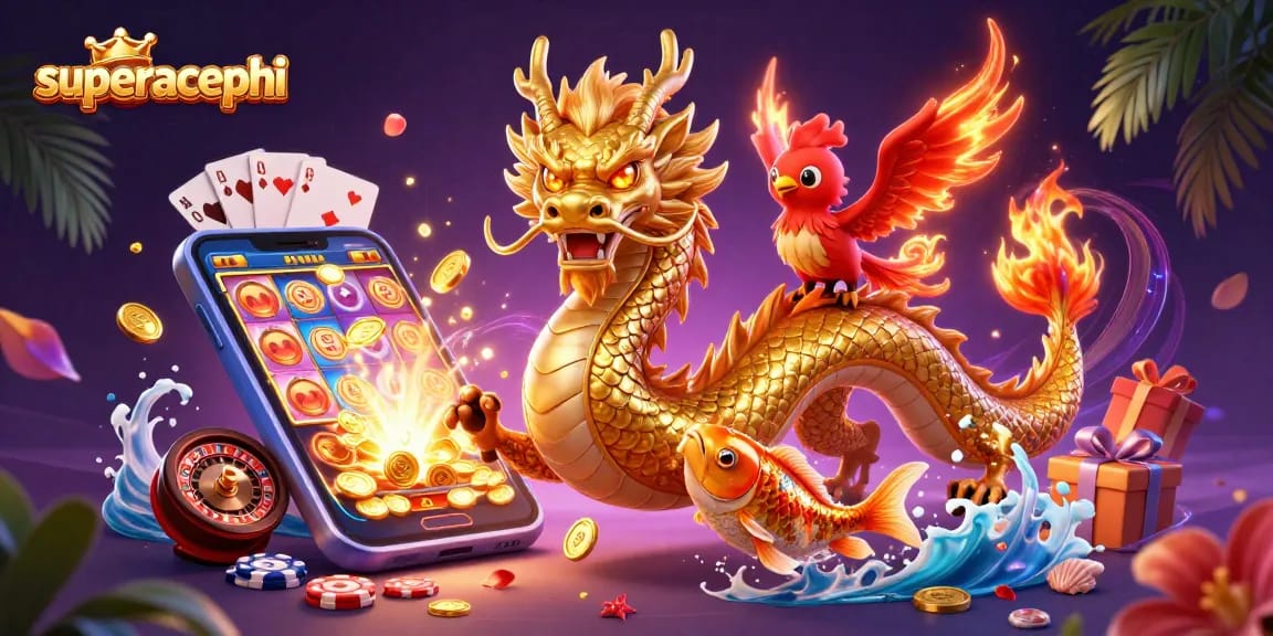 Experience winning excitement at superacephi with a dynamic scene featuring a golden dragon and vibrant gaming elements.