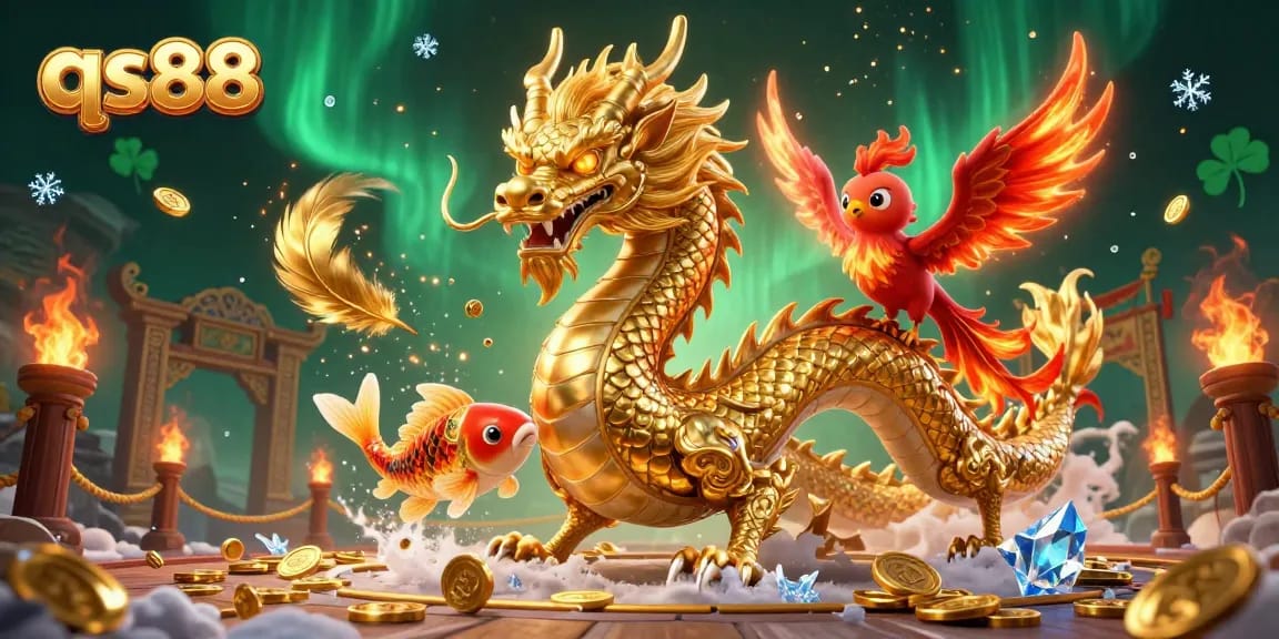 Engage with the thrilling world of qs88, featuring a powerful dragon with a phoenix and koi fish among vibrant gaming elements.
