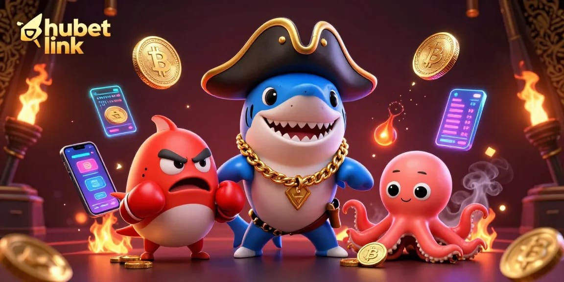 Engage with the hubet link experience through vibrant 3D casino adventures featuring a cartoon shark and octopus.