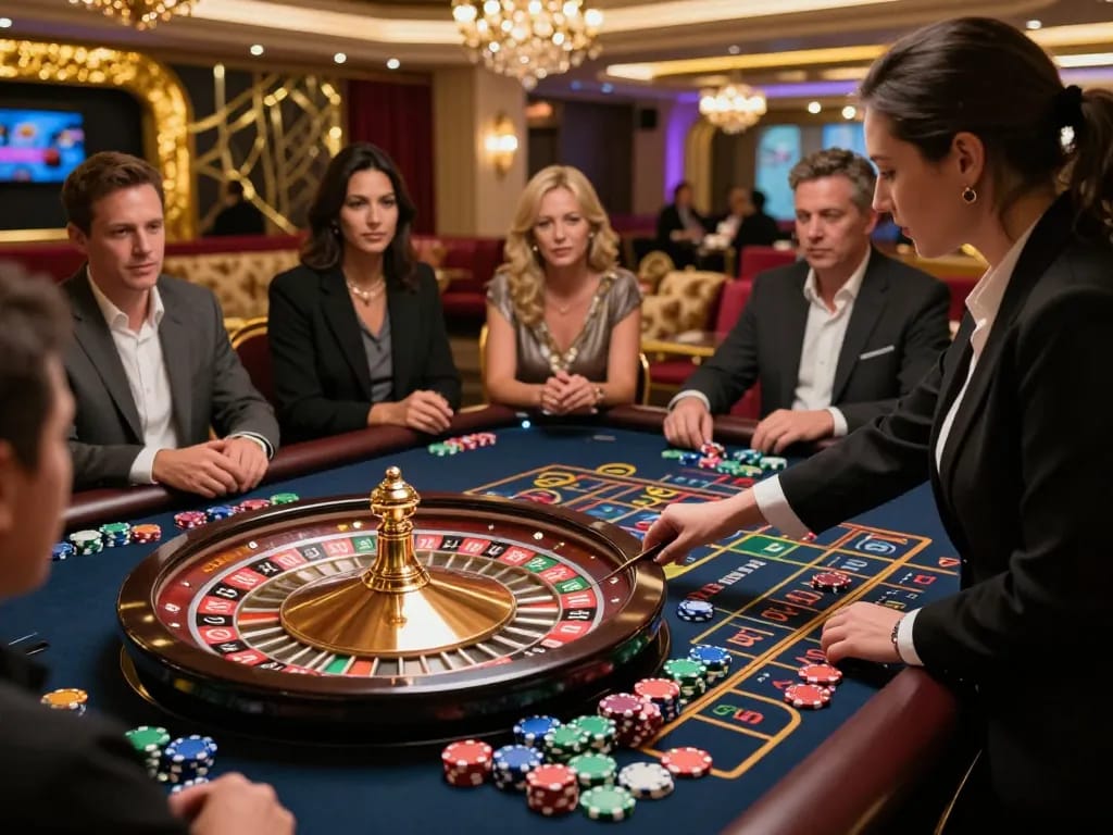 Experience the thrill of PP9Win Sign up at a dynamic roulette table surrounded by eager players.