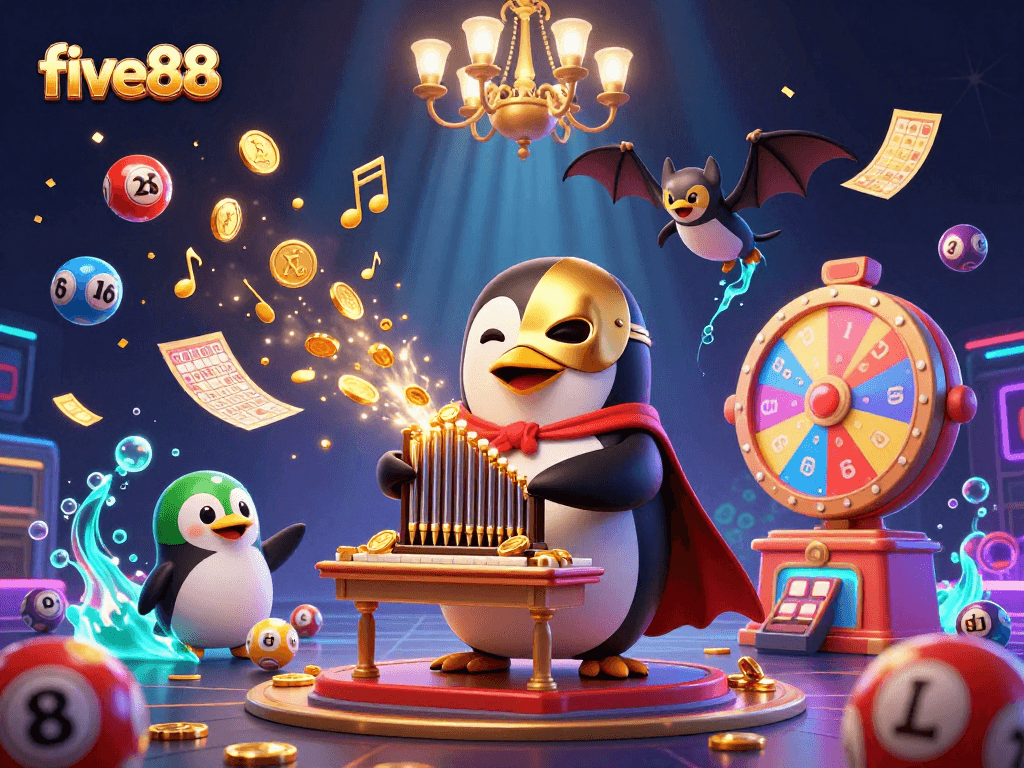 Experience thrilling gaming at five88 with a vibrant, dynamic casino illustration featuring a penguin playing an organ.