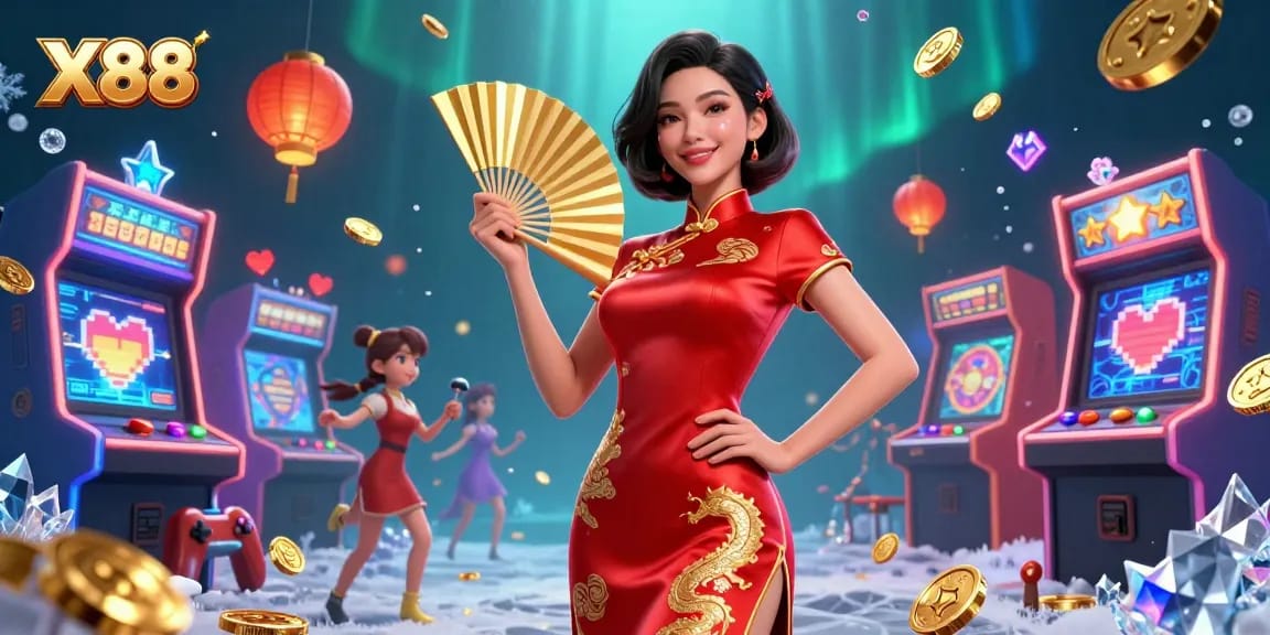 X88 online casino excitement with a radiant woman in qipao among gold coins and colorful game elements.