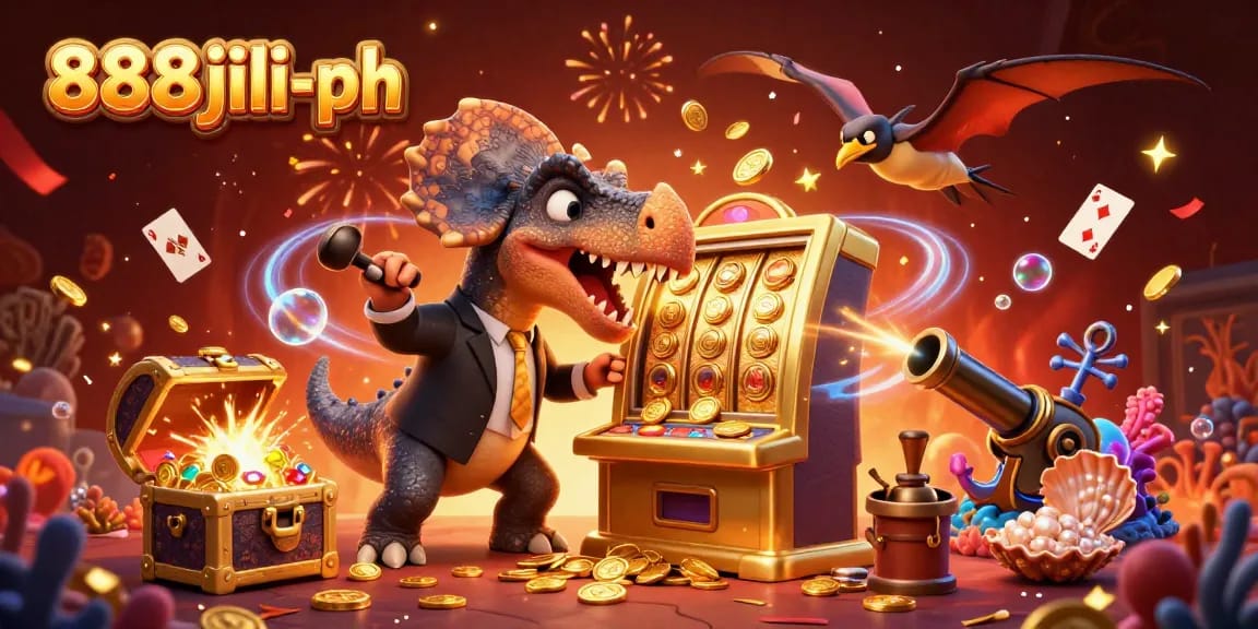 Exciting 888jili-ph scene with a pachycephalosaurus at a golden slot machine, showcasing casino fun.