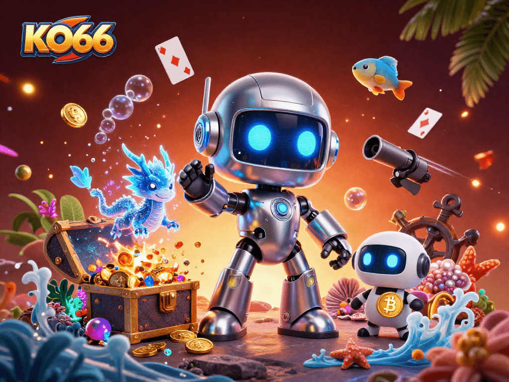 Engage with the thrilling KO66 casino experience featuring a cyberpunk robot and treasures.