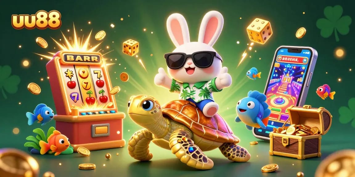 Play exciting casino games with uu88 as a lucky rabbit and golden sea turtle celebrate jackpots and riches!