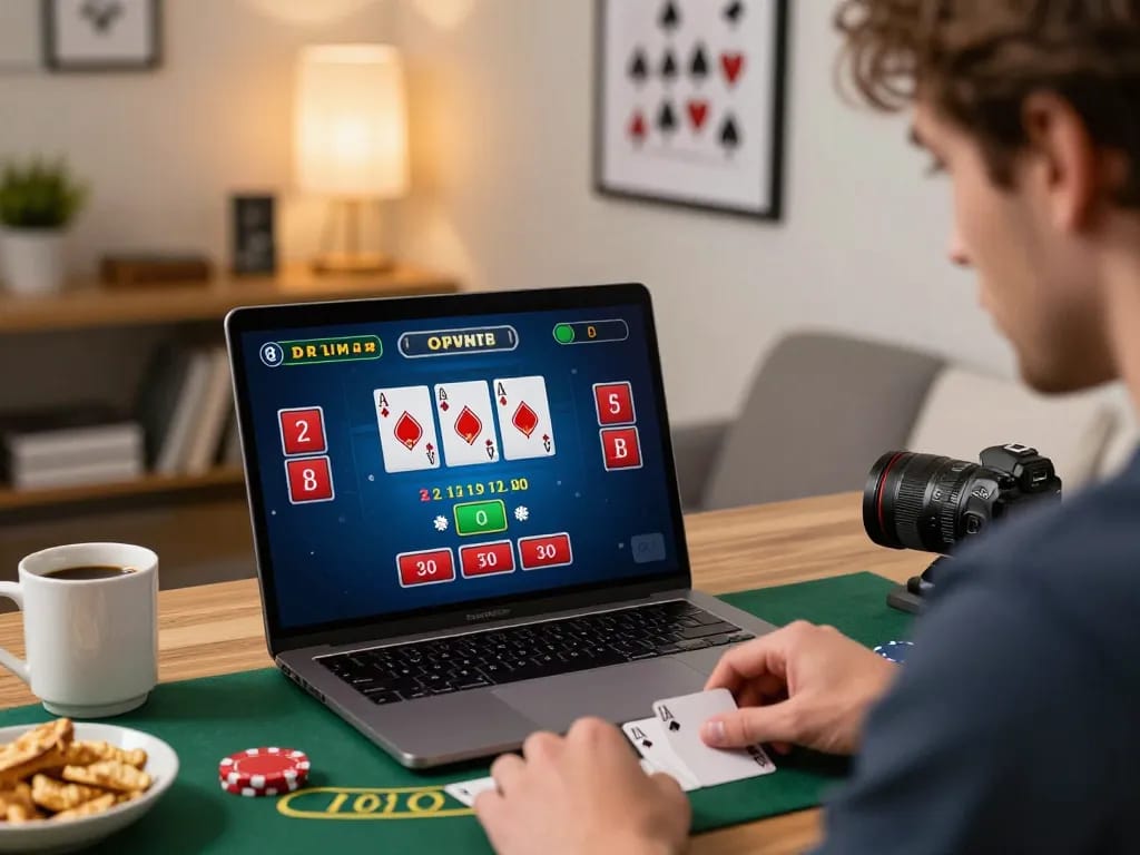 O8 player strategizing in online blackjack session, showcasing focused gameplay and cozy atmosphere