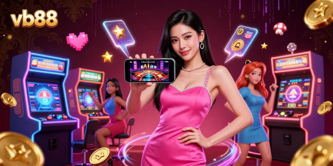 Play live casino games with vb88, showcasing an Asian woman in stylish attire holding a smartphone.