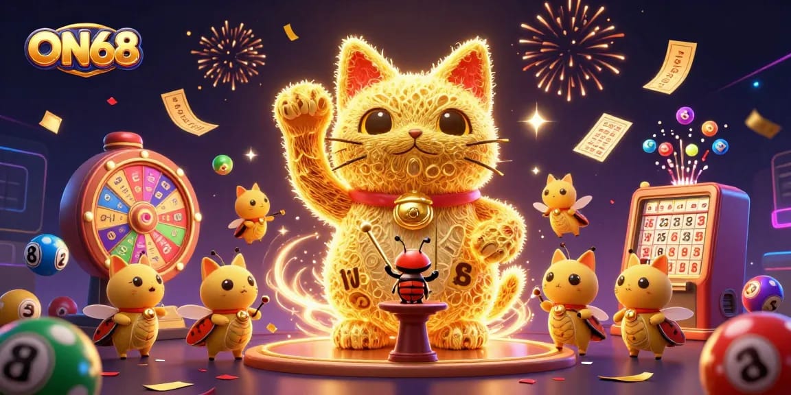 Experience excitement at ON68 with a vibrant casino scene featuring golden fireflies and colorful lottery elements.