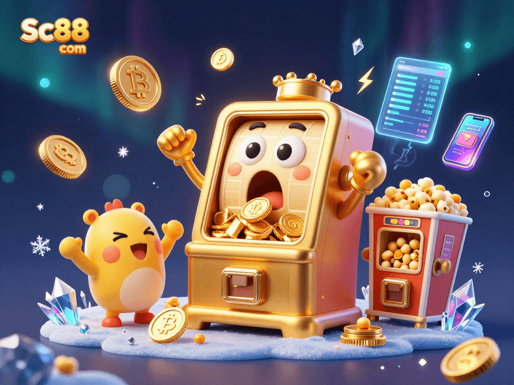 Spin to win with Sc88 com's vibrant slot machines and crypto-themed games in this 3D illustration.