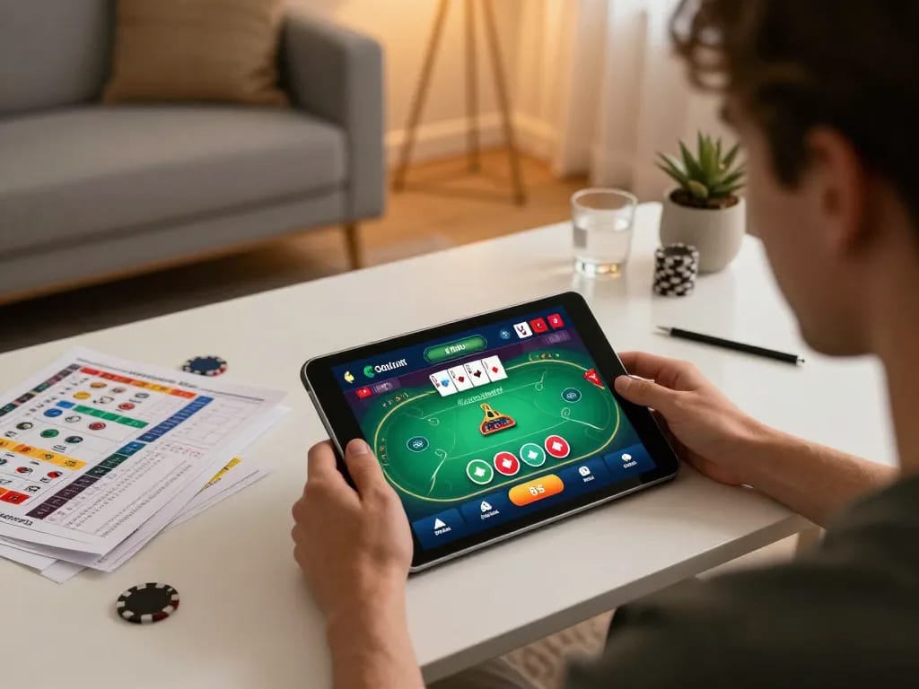 Player engaging with 678vip poker app on tablet, showcasing online gambling strategy in a cozy home setting.