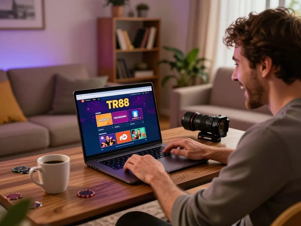 Player engaging with TR88 online casino while enjoying a cozy home ambiance, emphasizing responsible gaming.