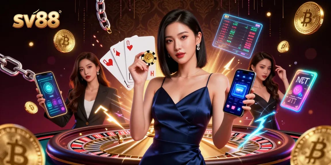Play thrilling games at sv88, where a confident player engages with a smartphone and casino chip while surrounded by dynamic roulette and coins.