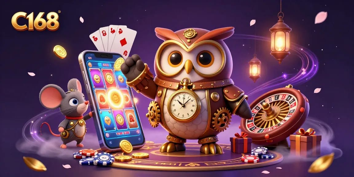 C168 interactive scene showcasing a vibrant casino atmosphere with a time-traveling owl and engaging slot games.