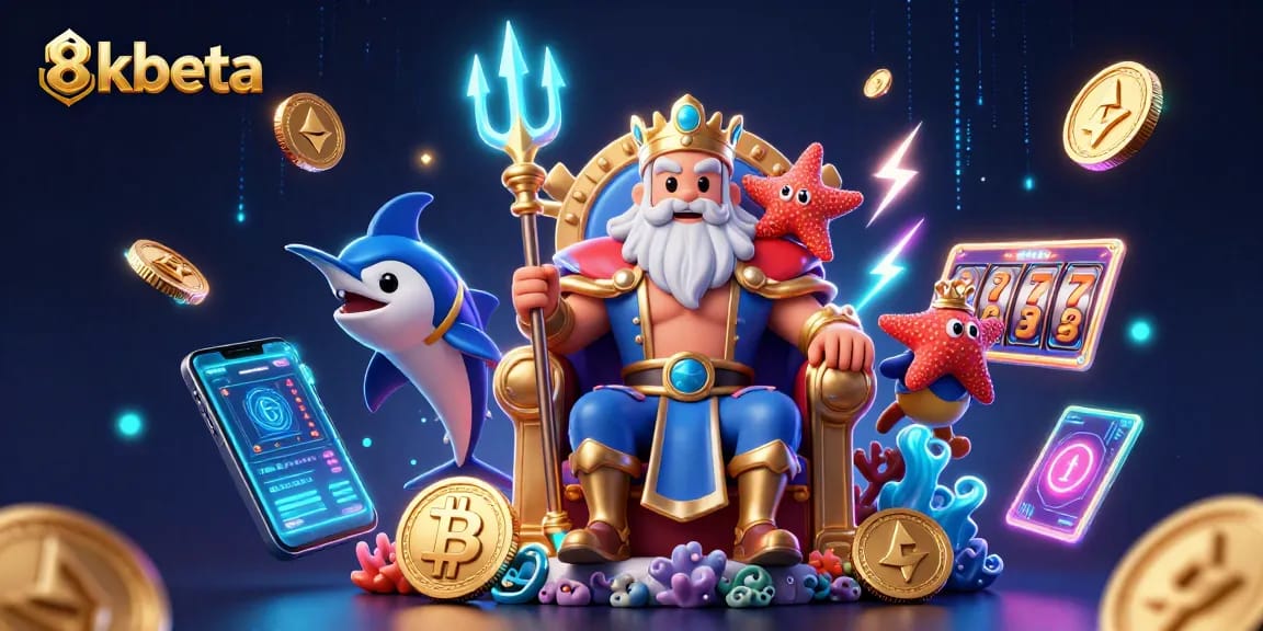 Experience the excitement of 8kbeta with Neptune surrounded by casino riches and glowing crypto elements.