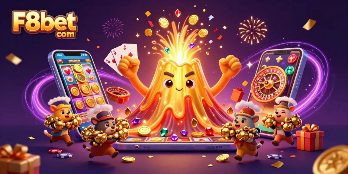 Experience thrilling wins on F8bet com with a dynamic scene of a golden volcano and treasures erupting