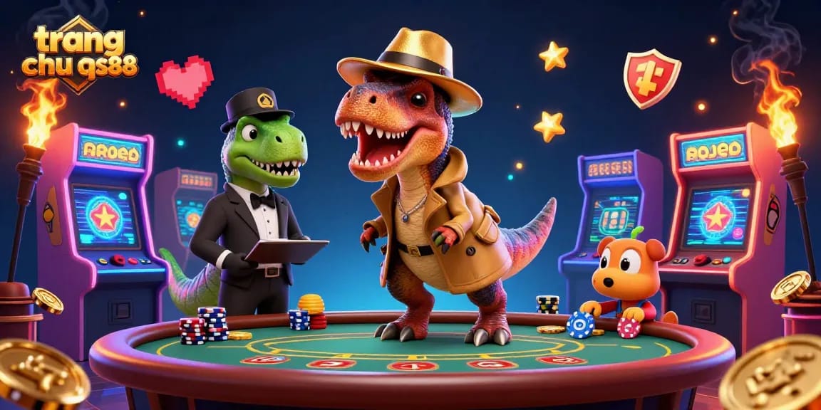 Experience the thrill at trang chu qs88 with a velociraptor card counter and a stegosaurus pit boss in a vibrant casino.