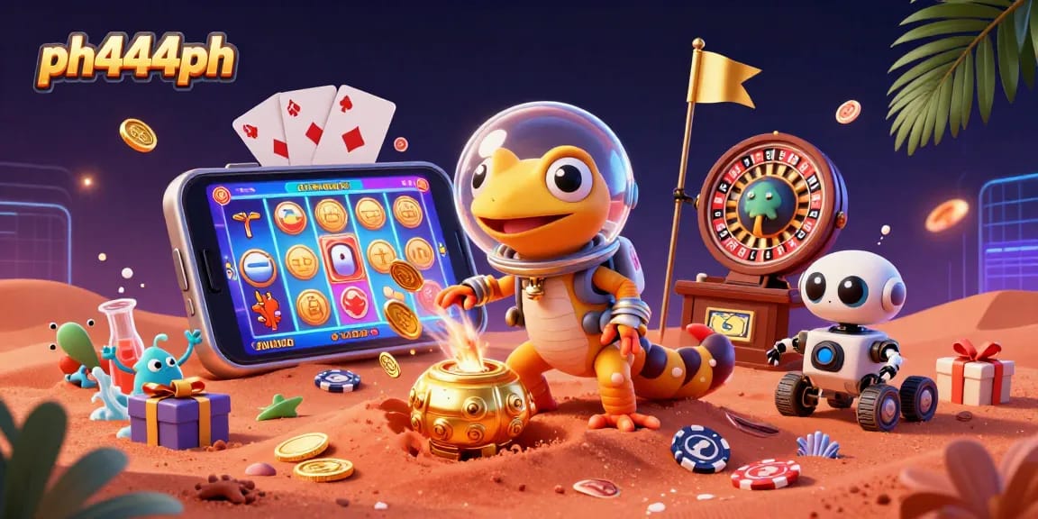 ph444ph showcases a gecko discovering a hidden casino, surrounded by vibrant gaming elements.