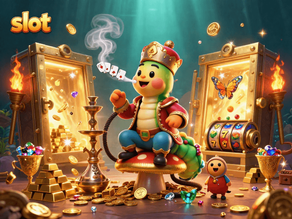 Experience the thrill of slot gaming with an enchanting caterpillar and treasures in this vibrant scene.